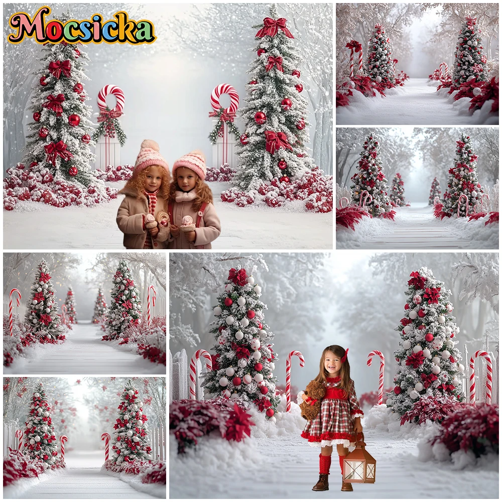 

Mocsicka New Year Party Photography Background Christmas Tree Candy Road Decorations Winter Snow Photo Backdrop Studio Wallpaper