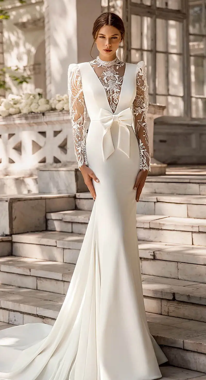 Magnificent Mermaid Wedding Dresses Back Zip Design High Neck Appliques Bridal Gown Sweep Train Vestido De Noiva Customized