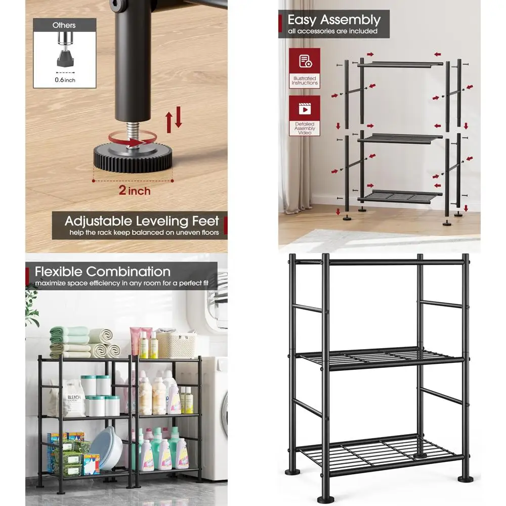 

3-х уровневая металлическая полка для хранения, регулируемые ножки, компактный органайзер для дома (18x12x30, черный)