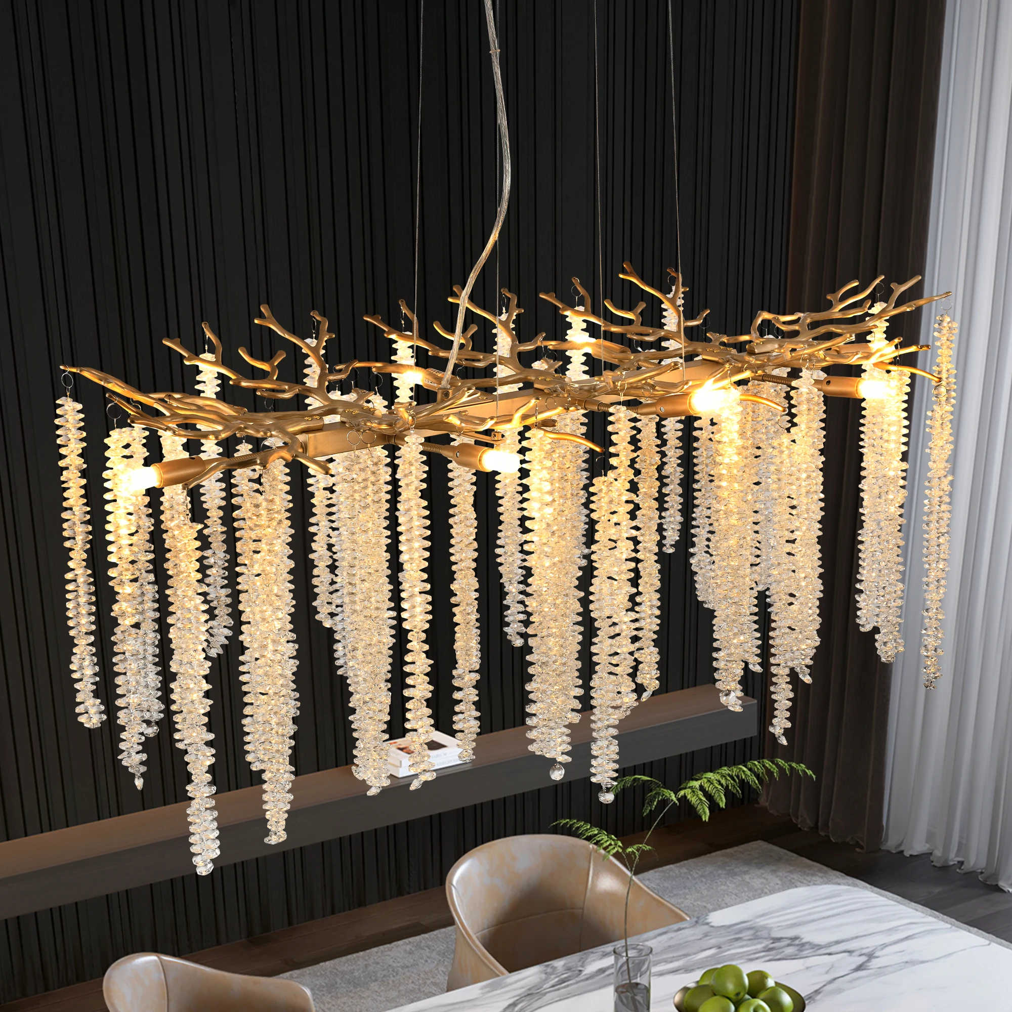 39.4inch Modern Golden Chandelier with Cascading Crystal String, Perfect for Living Room, Dining Room and Foyer, High-End Decorative Lamps (Bulb Not Included)