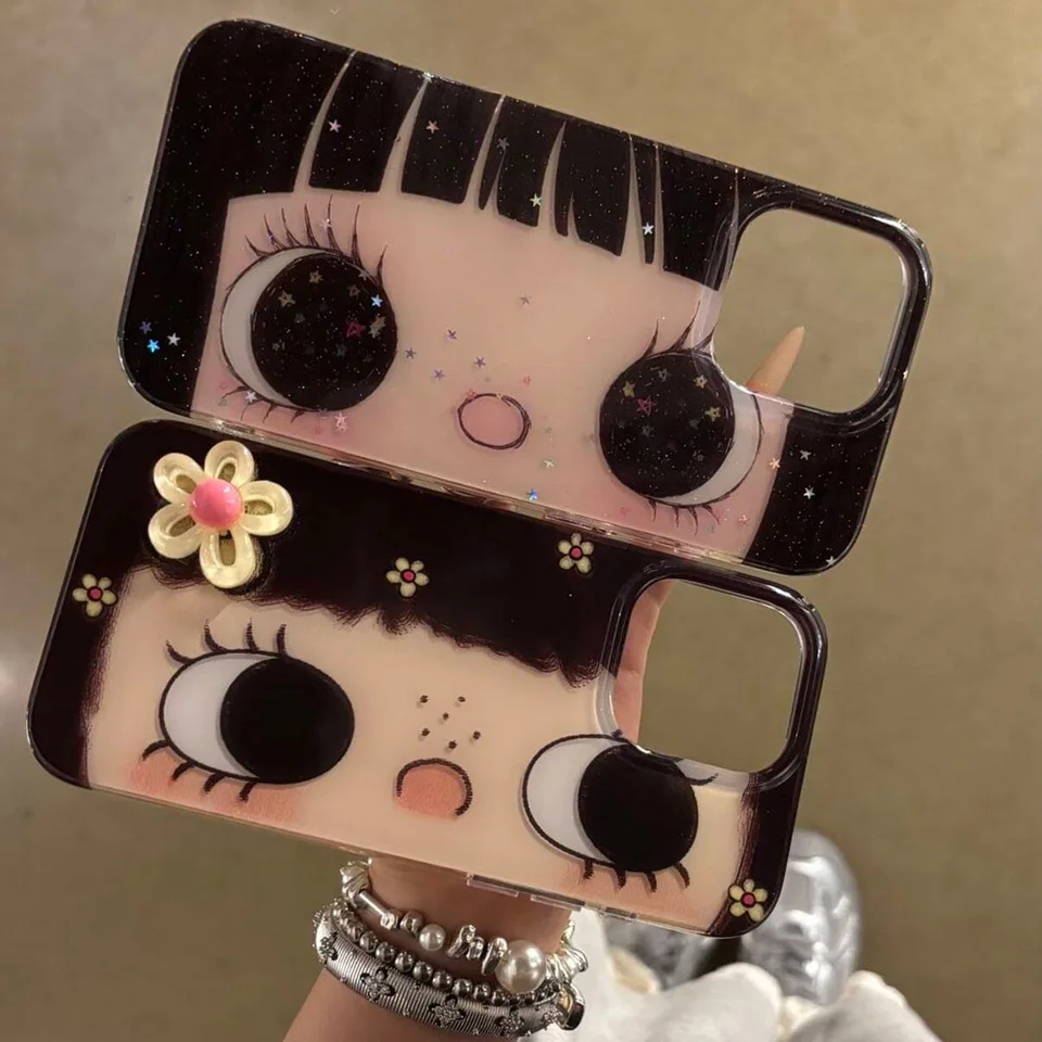 Funda con textura de pluma para iPhone 17e 17 16e 16 15 14 13 12 11 Pro Max Xs XR XSMax Air Plus, diseño de chica de ojos grandes 3