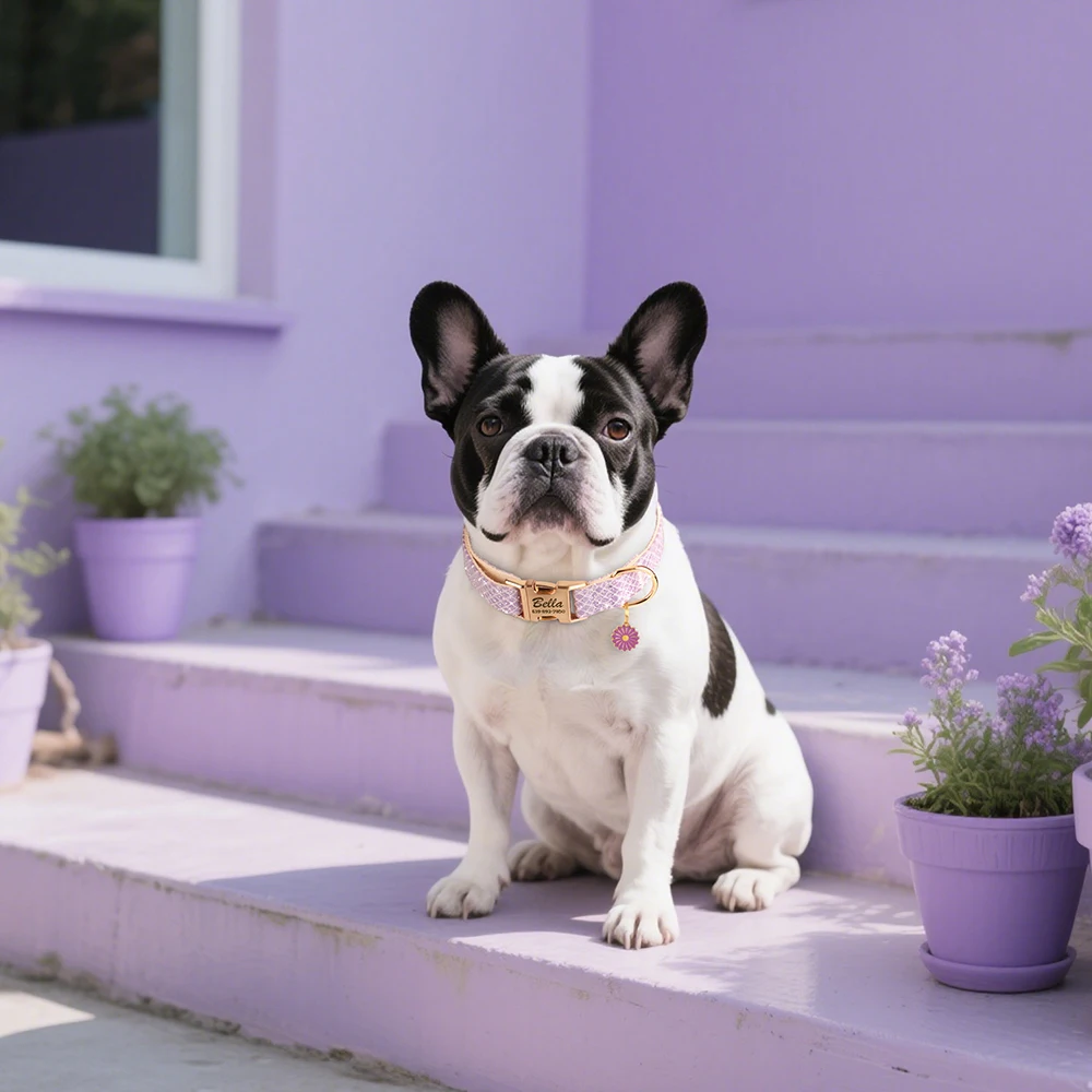 Benutzerdefiniertes Hundehalsband aus glitzerndem Nylon mit Blumenanhänger, kostenlose Gravur, Haustiername, Schnallenhalskette für kleine, mittelgroße und große Hunde – Detail 23