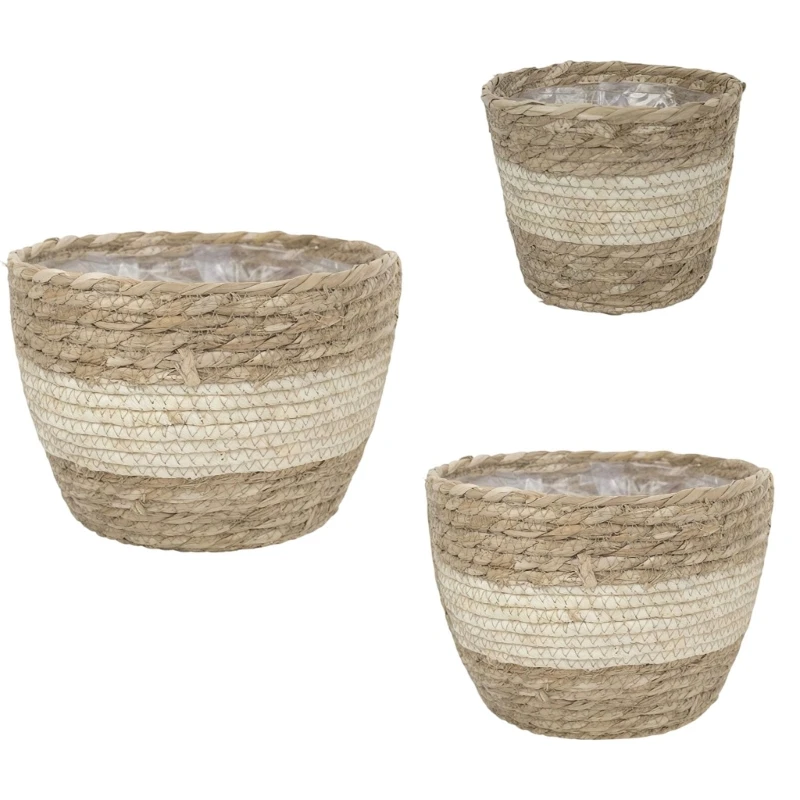 Natural Fiber Flower Pot Baskets, 3 Piece Textured Cover Set with Graduated Sizes and Neutral Color-Blocked Bands for 87HA