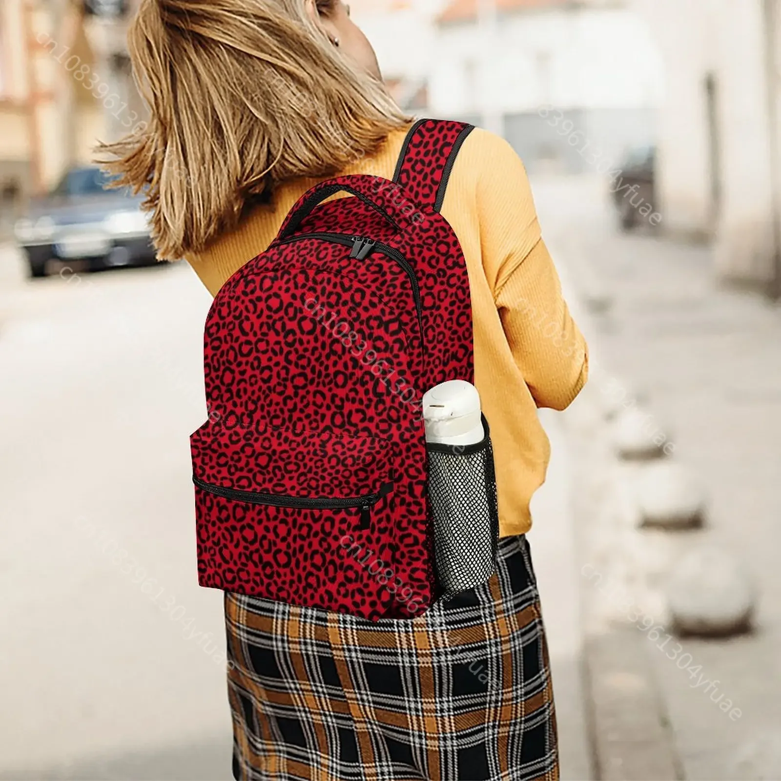 Ransel macan tutul merah dan hitam uniseks, tas punggung bepergian Motif bulu hewan, tas sekolah Tinggi bersirkulasi dengan desainer