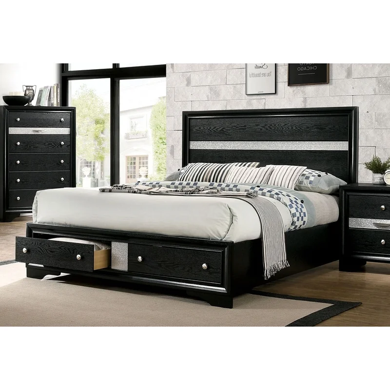 

Contemporary Queen Bed Solid Wood Storage Bedroom Furniture Black