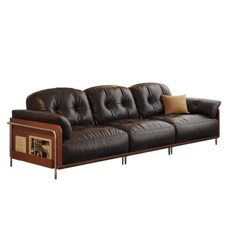 Vintage Bauhaus genuine leather sofa combo in the vintage living room, black vertical row small apartment, double three-