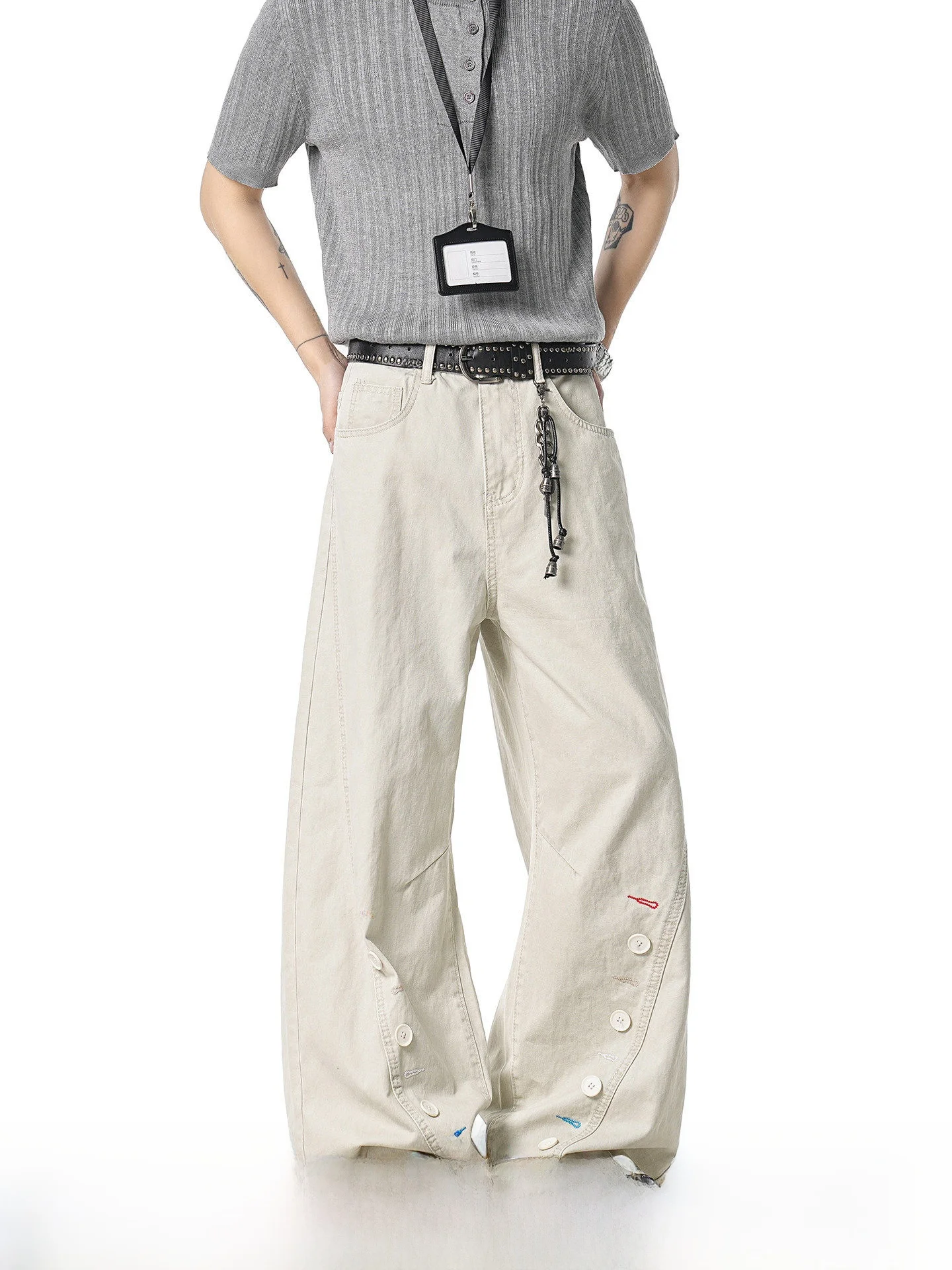 American Style Casual Pants for Men Button Decor Straight Leg Workwear Trousers Spring Autumn Cotton Youth Wear