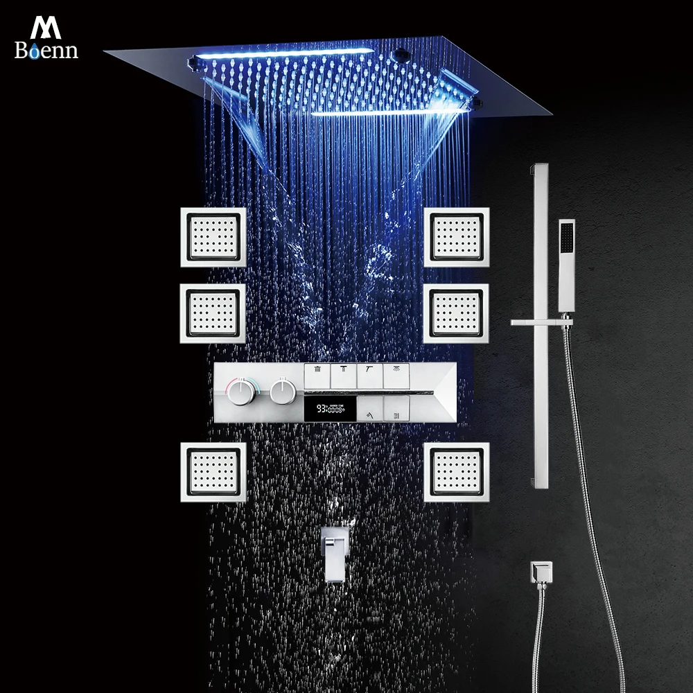 

M Boenn Square Shower Set Smart Thermostatic Mixer with Display Screen Bathroom Shower Faucet Ceiling 20 Inch Black Shower Head