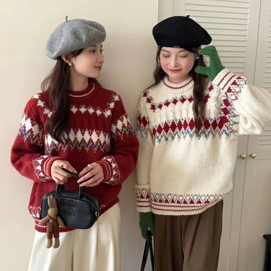 

MAGOGO винтажный красный рождественский пуловер для тяжелой промышленности, женский ранний осенний свободный мягкий утолщенный вязаный свитер в ленивом стиле