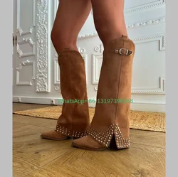 Lady Strange Shape Suede Pleated Knee Boots Pointed Toe Sequins Bling Black Suede Boots Footwear Daily Elegant Fall Boots Size