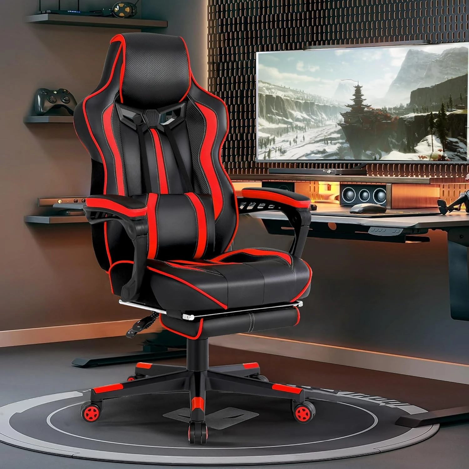 Equipped with footstool, gaming computer chair, massage, leisure computer chair, racing car, and adult gaming chair (red/black)