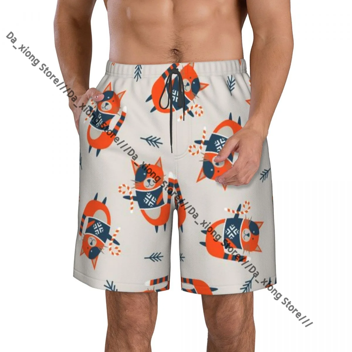 Men Beach Short Quick-drying Swimming Trunk Winter Cute Cats Dressed In Knitted Warm Swimwear Swimsuit Bathing Shorts