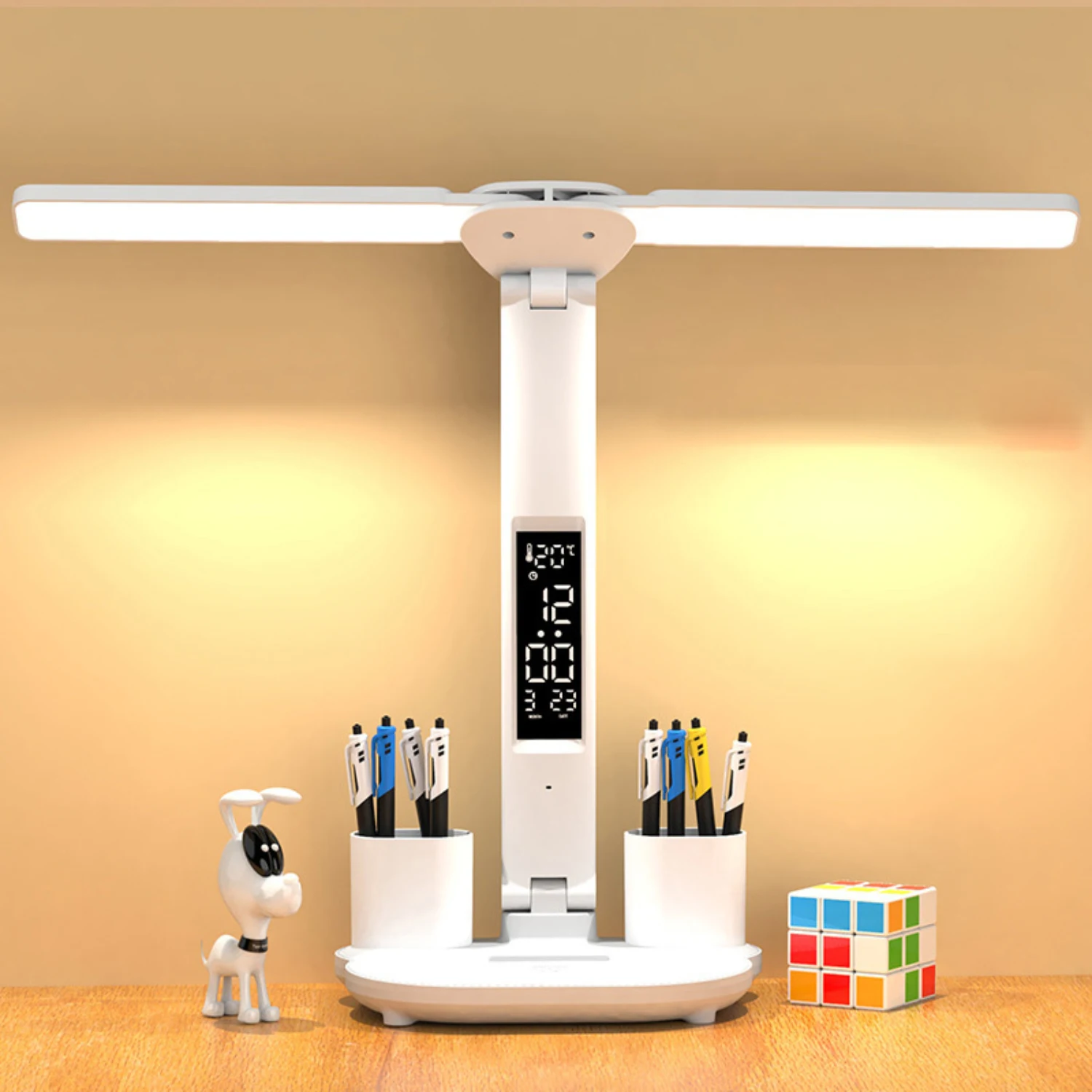 

Table Lamp LED Double-headed Multifunction Foldable With Calendar Clock USB Desk Lamp Bedroom Bedside Reading Light
