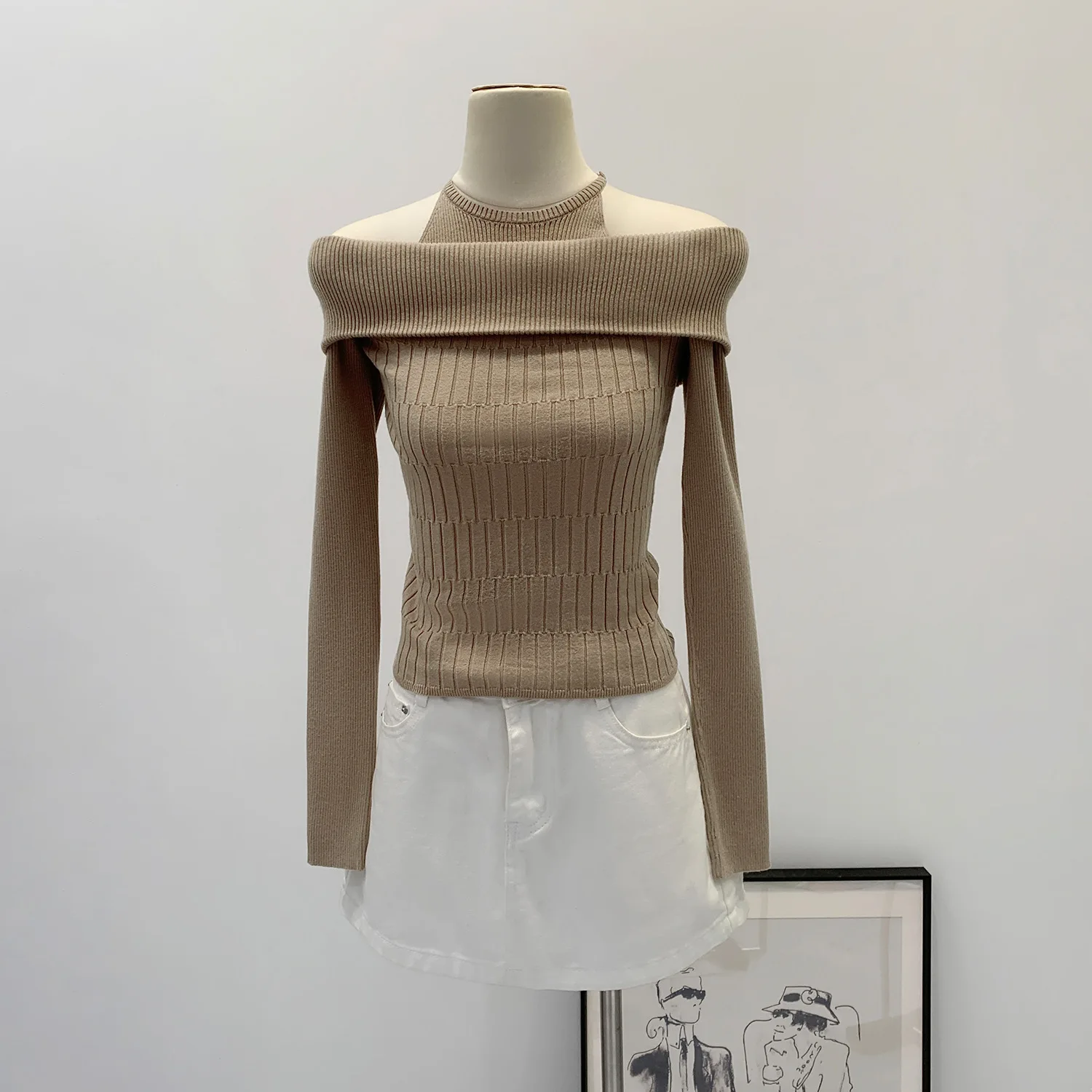 

2025 модный осенний женский свитер с открытыми плечами и длинным рукавом, элегантный повседневный однотонный вязаный топ с бретелькой на шее, сексуальный пуловер, одежда