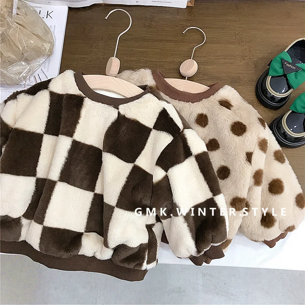 Hoodies Girl Wave Point Lattice Plush Children Clothing Thickening Baby Tops Autumn Winter Velvet Sweater Tide Simple 2024