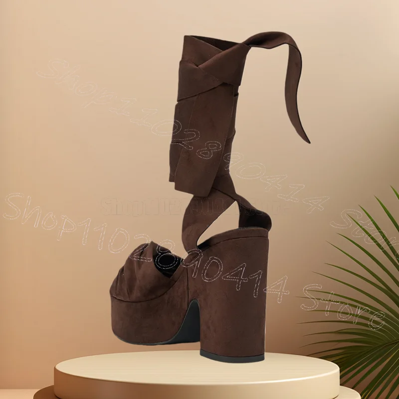 

Brown Suede Pleated Knot Twine Sandals Lace Up Women Shoes Chunky High Heels Open Toe New Party Dating 2026 Zapatos Para Mujere