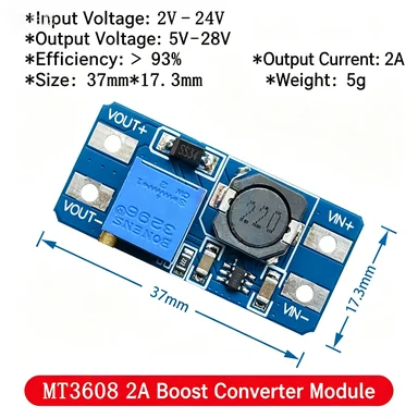 MT3608 DC-DC Adjustable Power Module, Wide Voltage Input 2–24V, Output 5/9/12/28V