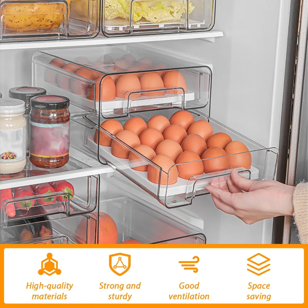 2Pcs Stackable Refrigerator Drawers Pull Out Bins Double Layer Fridge Organizer Box Clear Plastic Food Storage Containers Set