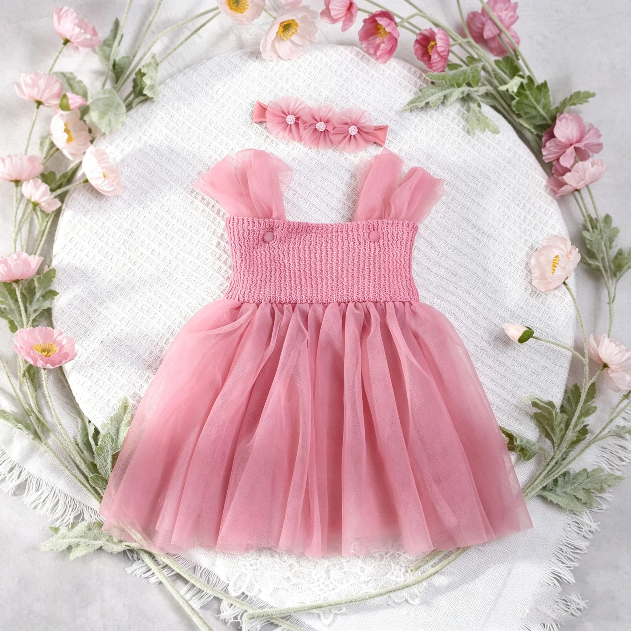 Newborn Photography Dress With Flower Headband Infant Princess Skirt Tulle Mesh Baby Dress Photo Prop Clothes Baby Party DressHD image 4