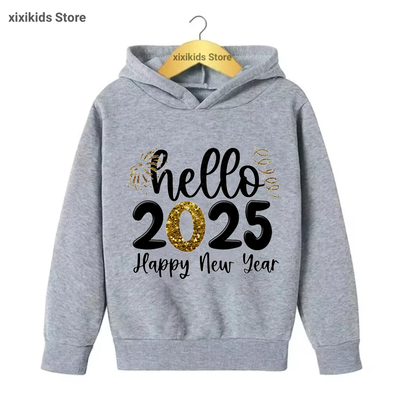 Hello 2025 Happy New Years Letter Printed Cap Hoodies Girls/Boys Kawaii Gray/Red Kids Clothes High Quality Sweatshirt Coat