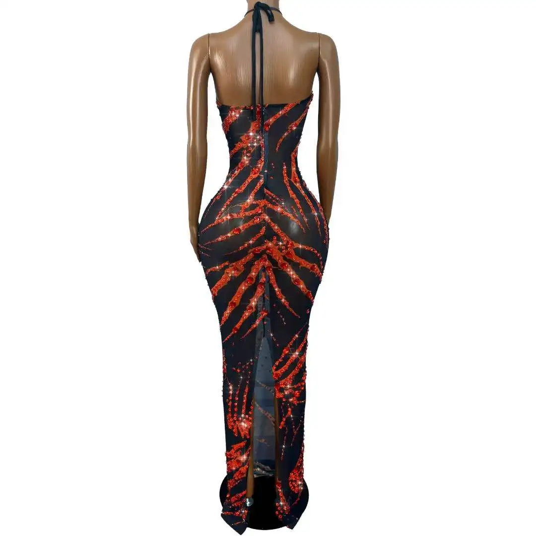 Sexy Shining Rhinestones Mesh Bandage Dress Halloween Birthday Party Celebrate Outfit Fashion Show Photo Shoot Stage Wear