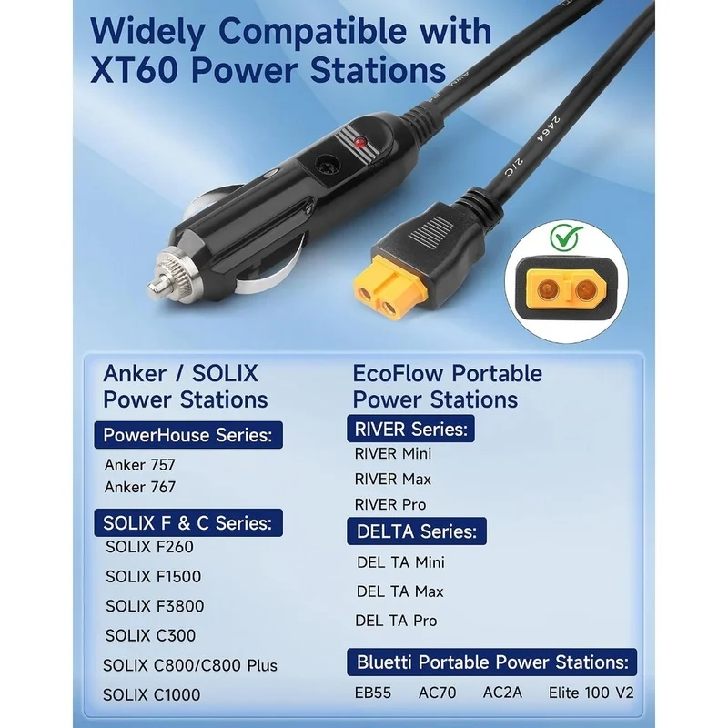 12V/24V 6.6FT Car Charging Cable to Connector 16AWG for C300/C1000/F2000, 2 [IANC-]