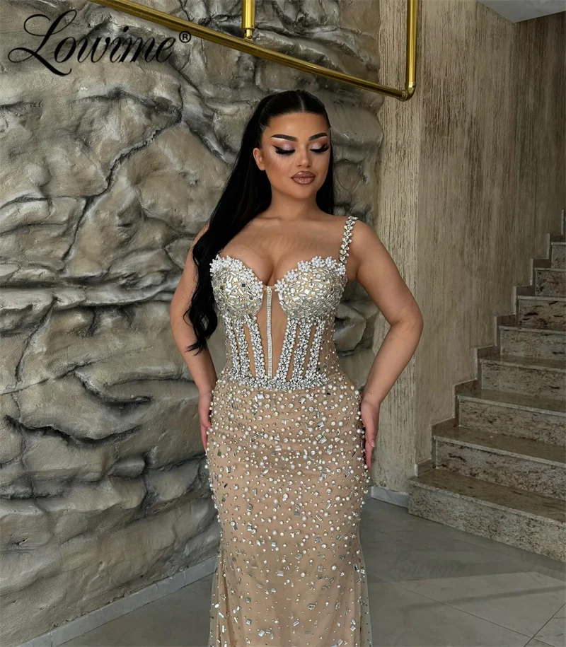 Dark Champagne Arabic Evening Dress Heavy Crystals Women Aso Ebi Crystals Mermaid Prom Dress Wedding Engagement Gowns Dresses