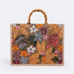 Bolsos de mano Vintage con asa de bambú para mujer, bolsos de mano con bordado de lentejuelas, bolsos de lino informales de gran capacidad, bolso de playa de verano, monedero grande para mujer