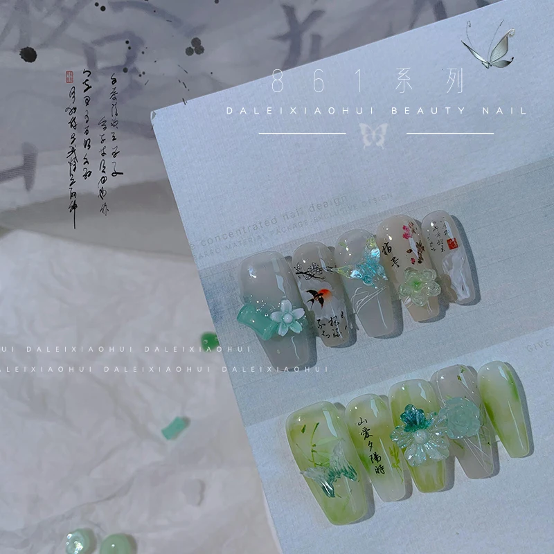 12 Grids Jade Green Nail Decoration Flowers Mixed Nails Accessories Butterfly Nails Drill Goldfish Transparent Floral Ornaments