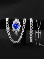 4pcs full diamond alloy rhinestone mirror men's quartz watch with calendar and Cuban necklace bracelet Cross necklace set