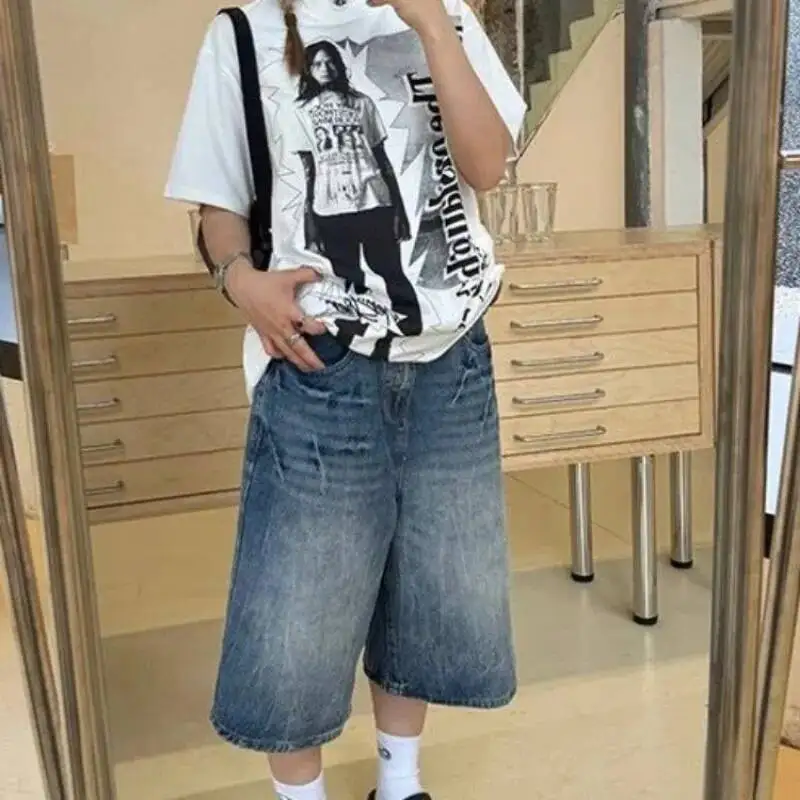 BabYoung American Vintage Washed Denim Shorts For Women Y2k Loose Calf- Length 2025 Summer New Straight Wide Leg Pants