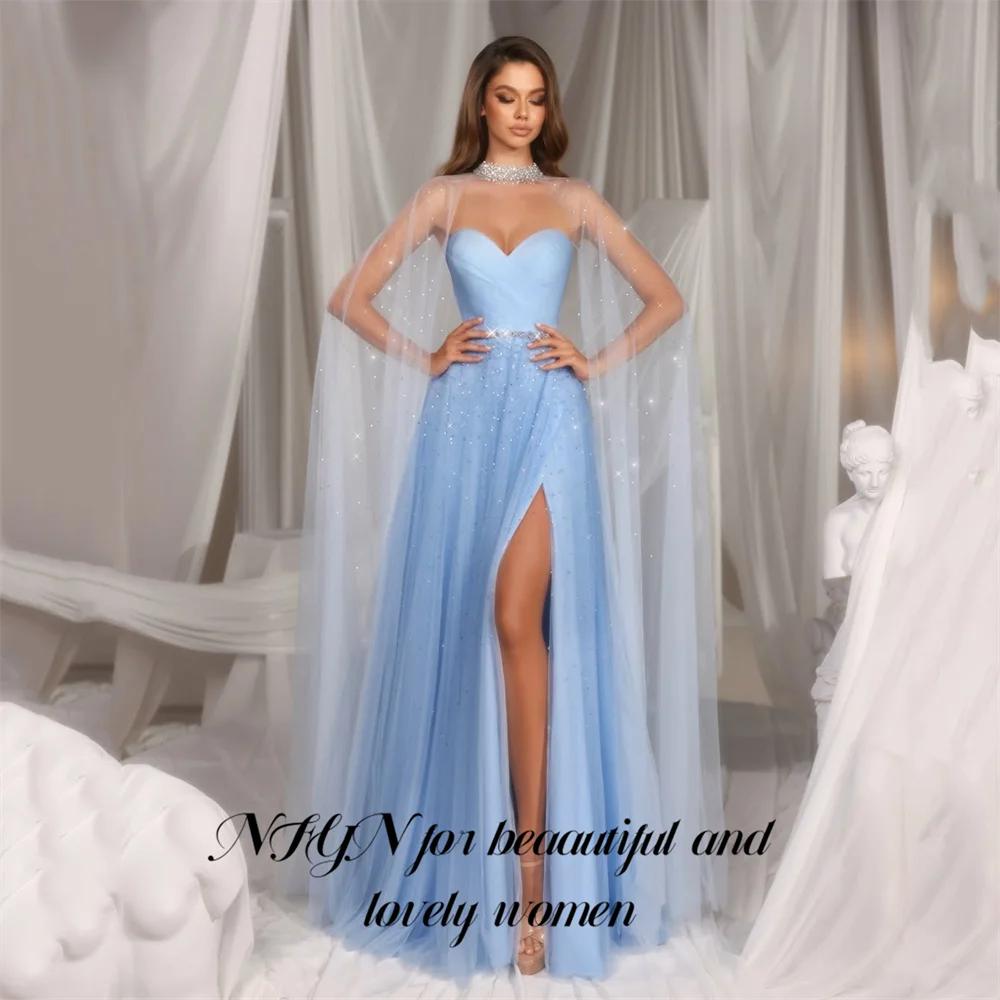 

NFYN Light Blue Formal Gown Sweetheart Tulle Prom Dresses with Sparkly Cape Evening Dress High Slit Modern Style Customized