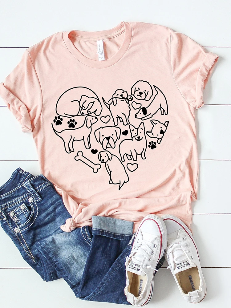 All Kind Dogs Love Heart Women T Shirts Cotton Short Sleeve Dog Owner Lover Gift Mama Life Graphic Tee Female Tops Dropshipping