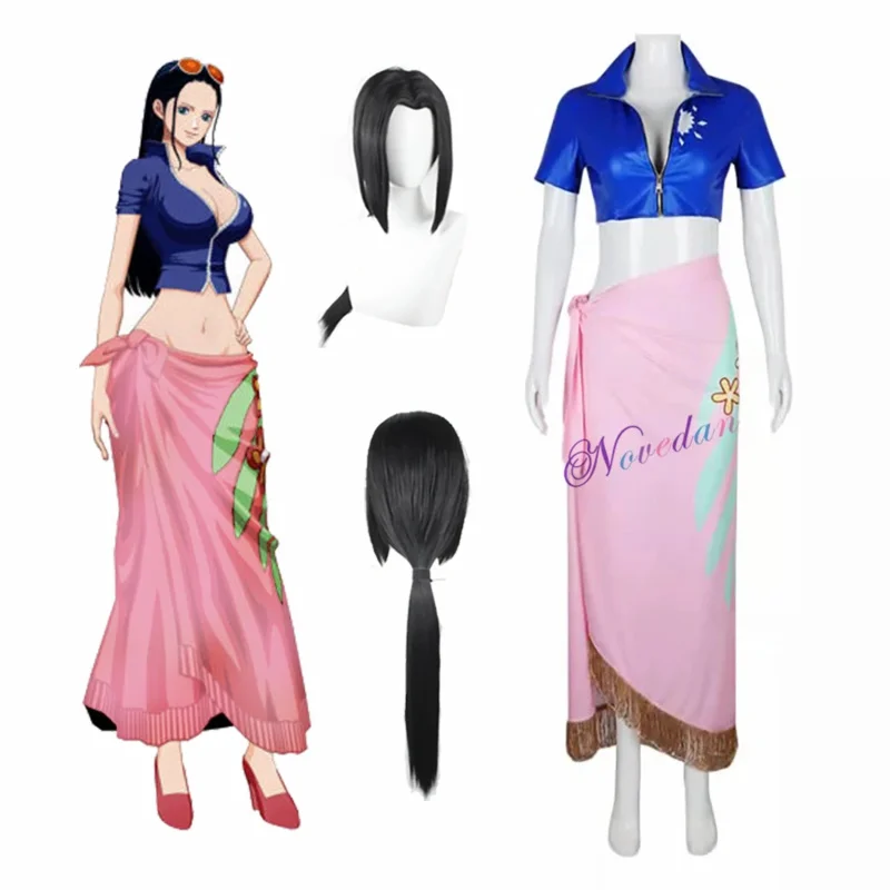 Women Nico Robin Top and Floral Pattern Wrap Skirt Cosplay Costume Kimono Dress Onigashima Wig Outfit AS2511