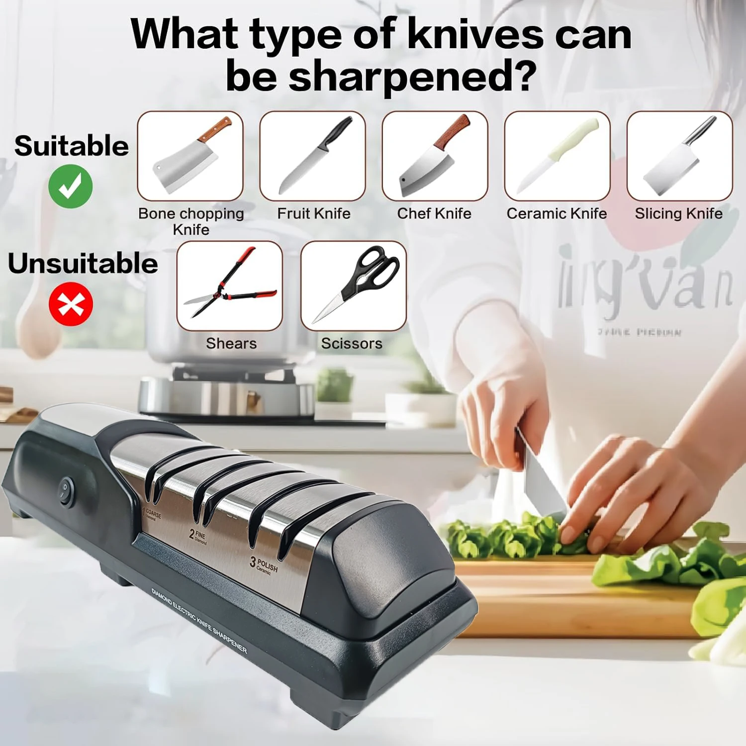 

Электрическая точилка для ножей серии Pro, 3-ступенчатая - 100% алмазные абразивы - электрическая точилка для ножей для всех кухонных ножей