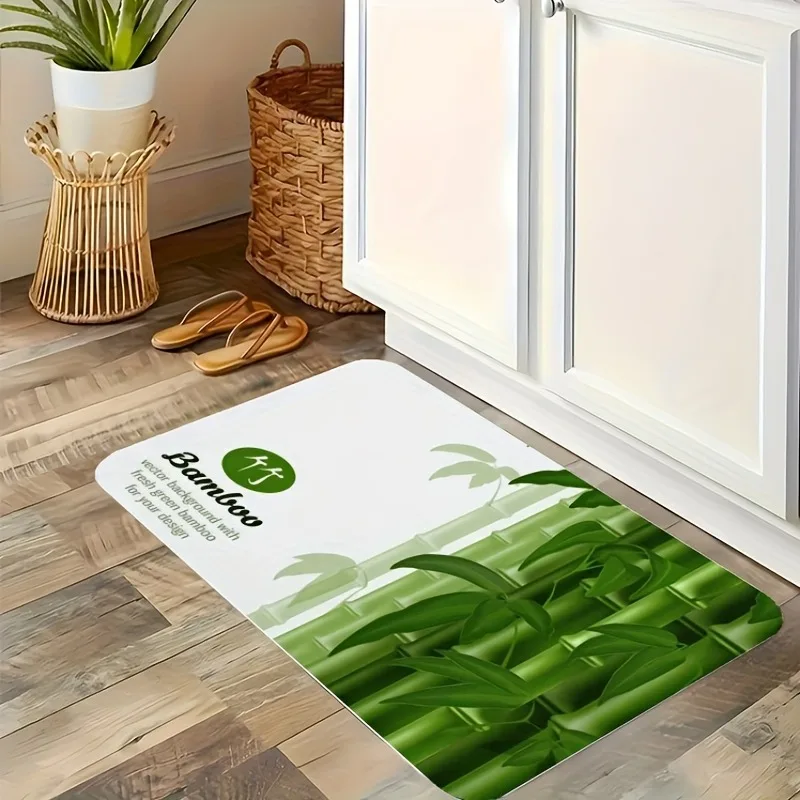 

1PC Bamboo & Leaf Motif Kitchen Rug Non-Slip Door Mat Pop design Bathroom Rug Bath Mat Carpet for Home Sink Laundry Decor