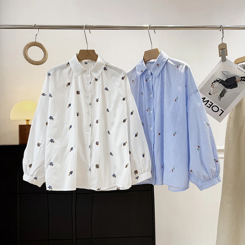 

Элегантная синяя полосатая хлопковая рубашка с длинным рукавом для женщин, свободного кроя, с вышивкой, из чистого хлопка, с эффектом омоложения, дизайнерская модель.