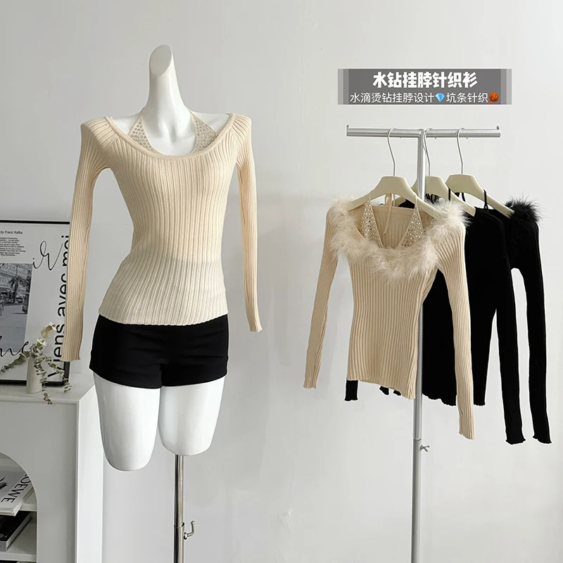 

Winter for Women Korean Style Retro Lace Up Halter Neck Warm Soft Cashmere Sweater Plush Patchwork Slim Knit Pullover Tops