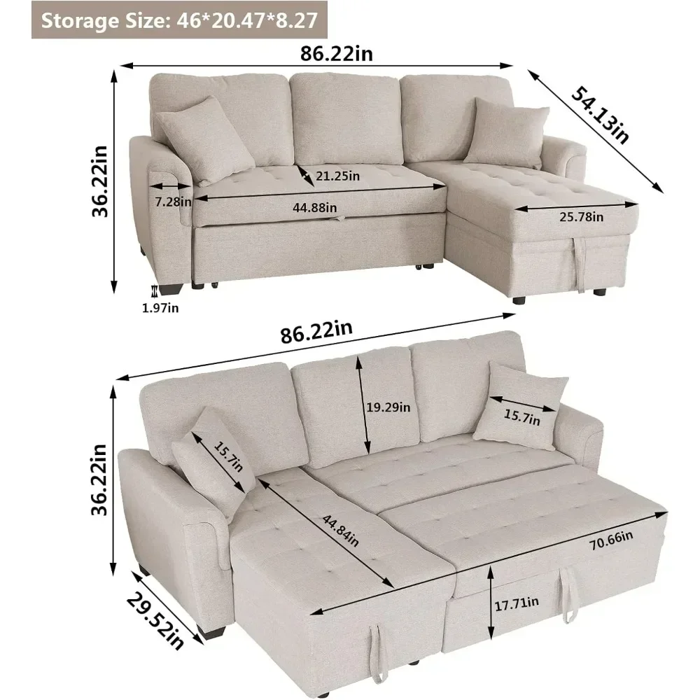 Upholstered Sectional Sofa with Reversible Storage Chaise Lounge, Pull Out Sofa Bed with 2 Throw Pillows, 86 Inch L-Shaped Couch