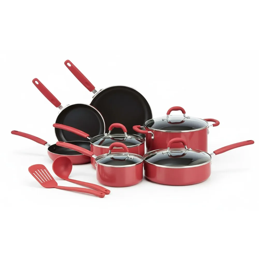 

12-Piece Red Aluminum Nonstick Cookware Set, Complete Kitchen Essentials for Home Chefs