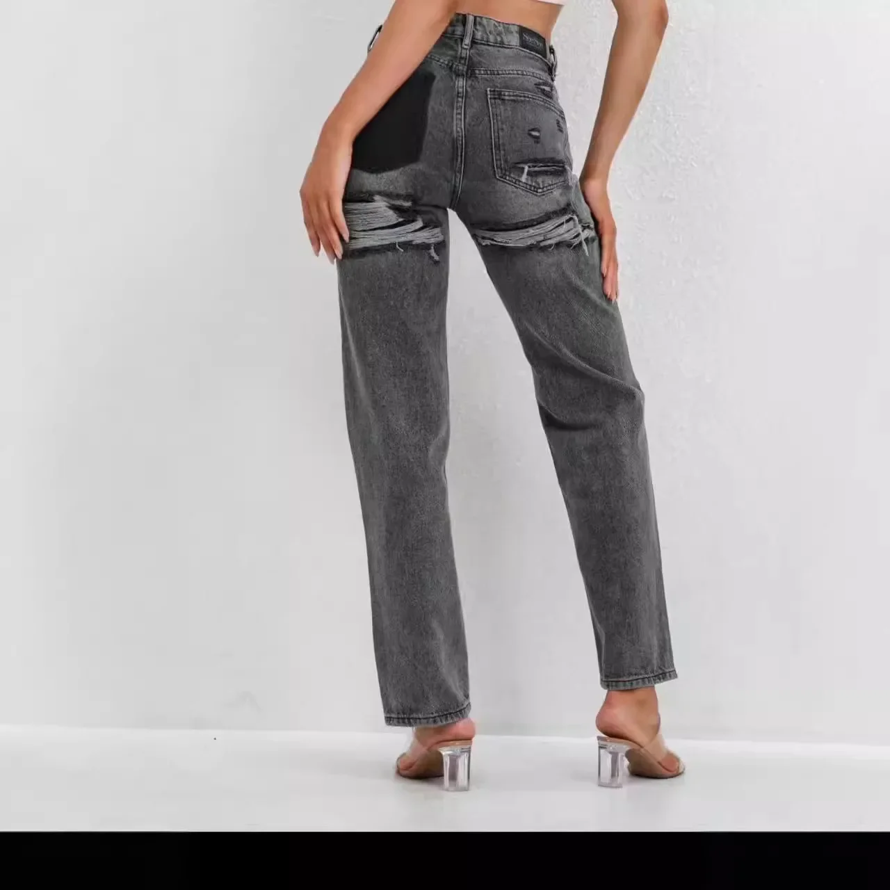 Ripped Jeans for Women Hole Pants Streetwear Low Waist Washed Distressed Pockets Denims 2025 Mom Jeans Vintage Straight Trousers - Image 2