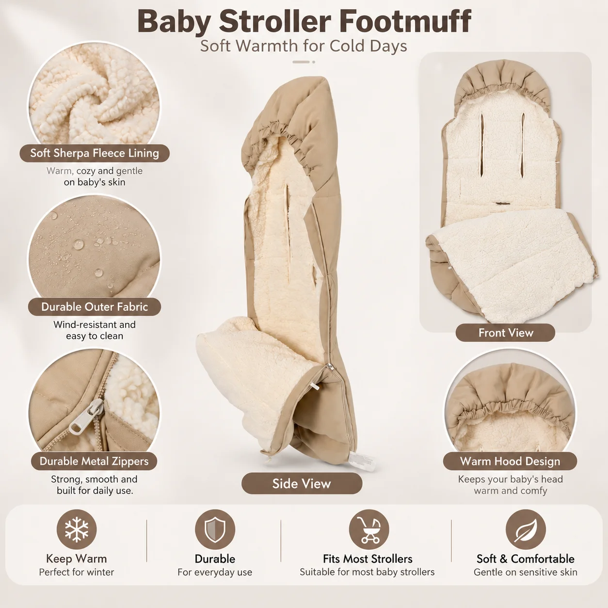 Winter Baby Stroller Footmuff Thickened Warm Faux Sherpa Lined Universal Pram Cover for Newborn Infant Toddler Christmas Gift