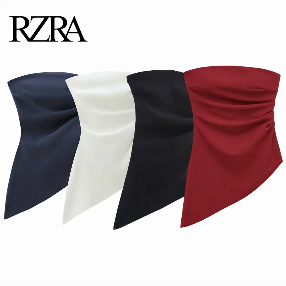 RZRA 2024 pleated decorative off-shoulder asymmetric top sexy backless casual all-match solid color T-shirt for women