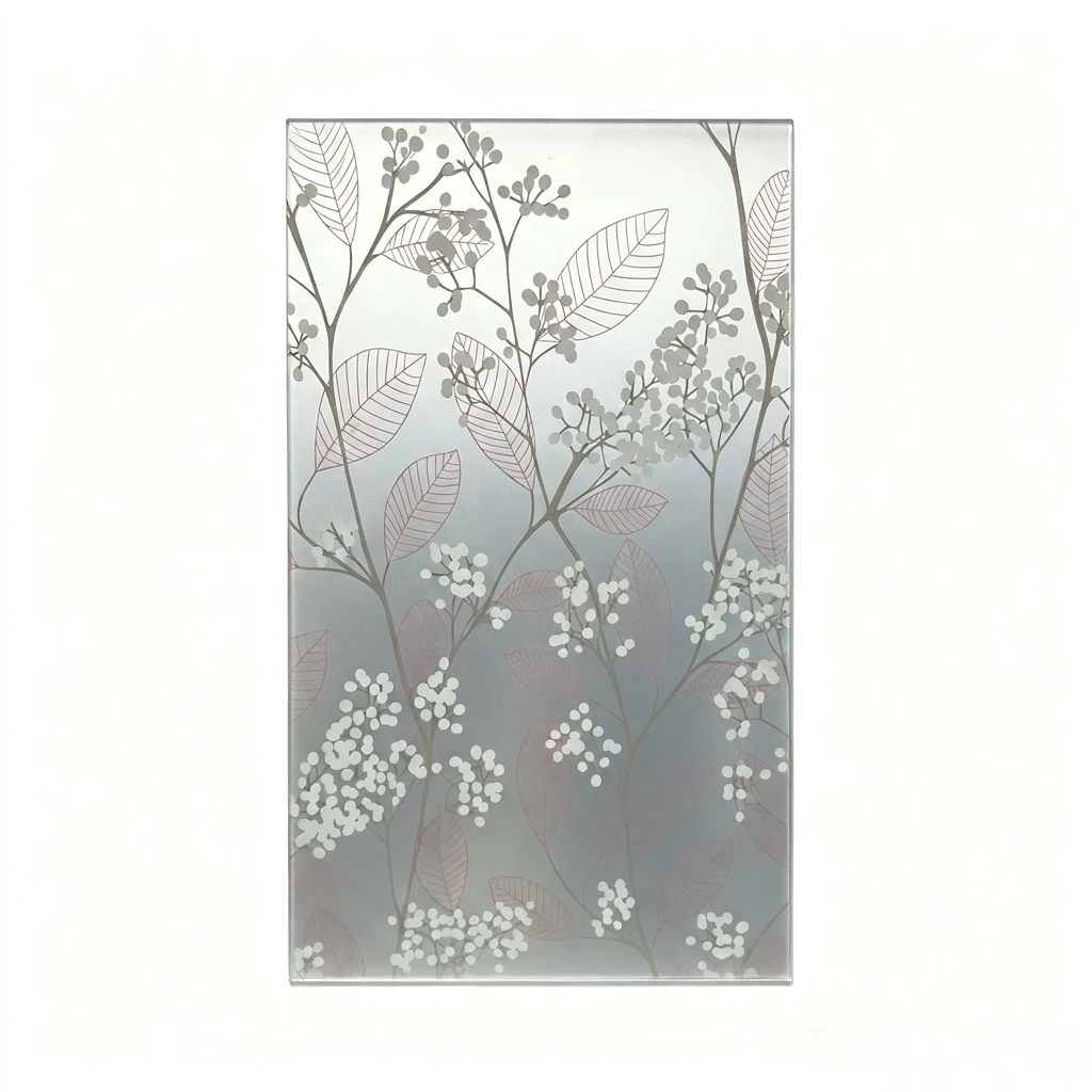 Grey Berry Leaf Gradient Self-Adhesive Frosted Privacy Window Film with Pink Vein Floral Decor for Bathroom Glass Sticker