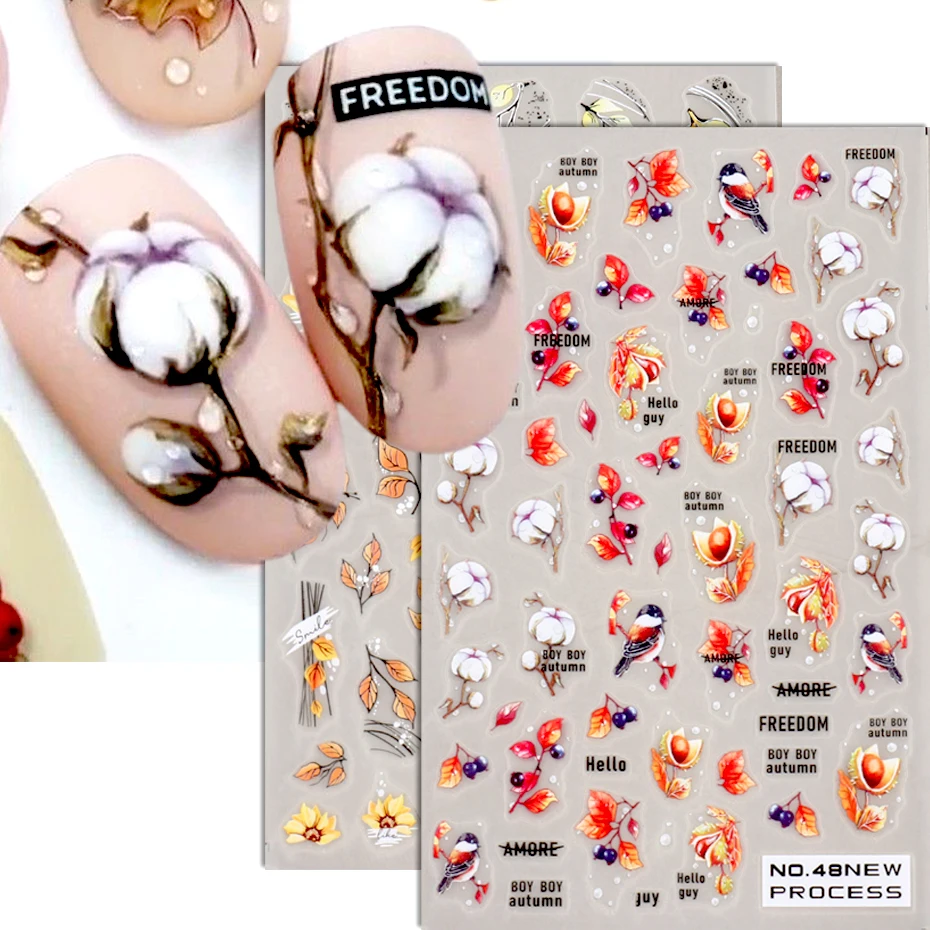 Baumwolle Blume Nail Art Aufkleber Aufkleber Pilz Ahornblätter Design Kleber Schieber Schnee Vogel