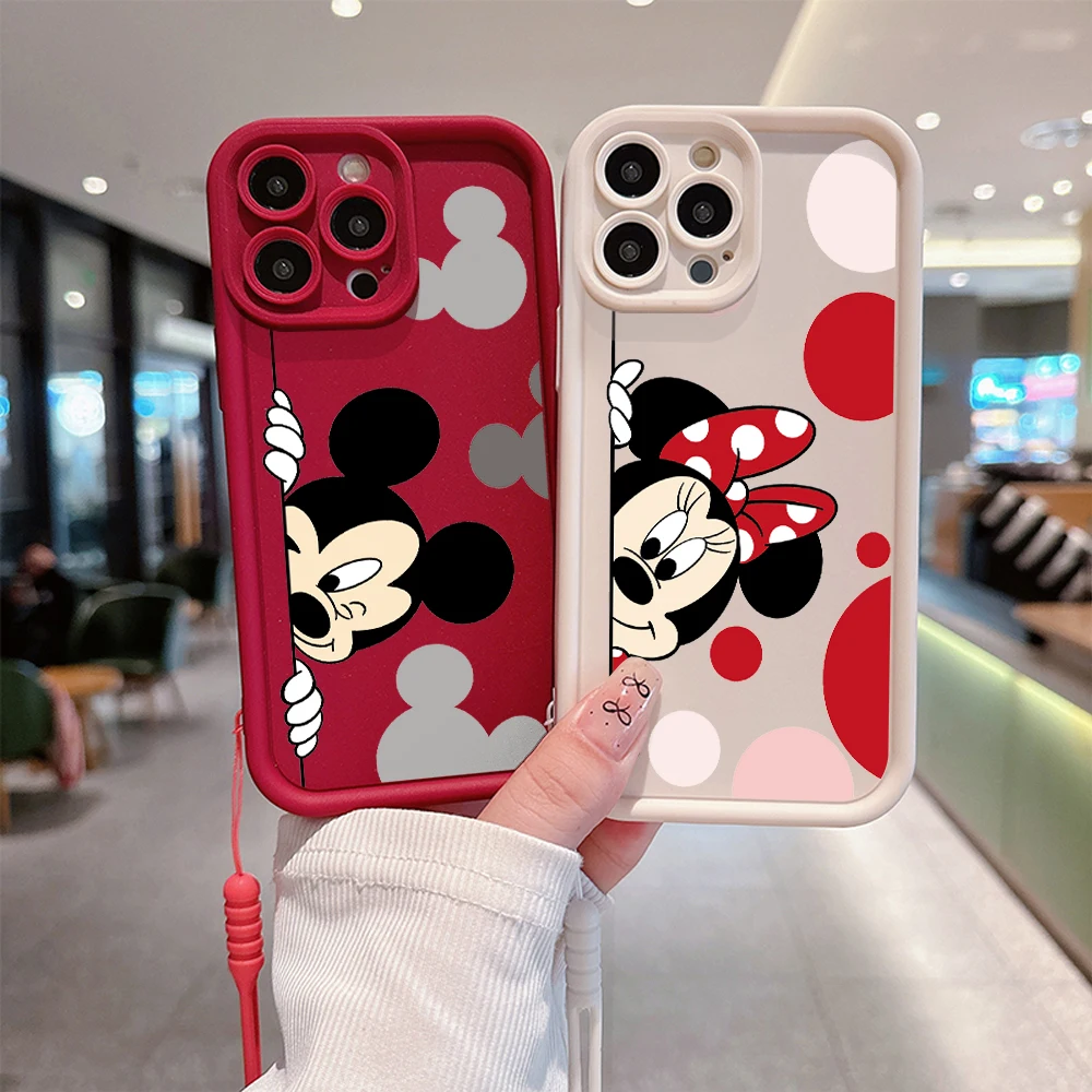 Fashion Disney Mickey Minnie Mouse Phone Case for IPhone 16 15 14 13 12 11 Pro Max Mini Plus Soft TPU Back Cover With Hand Strap