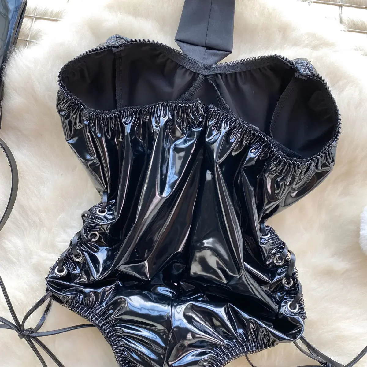 Set di tute slim con reggette senza spalline per ragazza di coniglio in pelle PU Set di lingerie pornografica esotica per feste Cosplay Body con lacci sexy