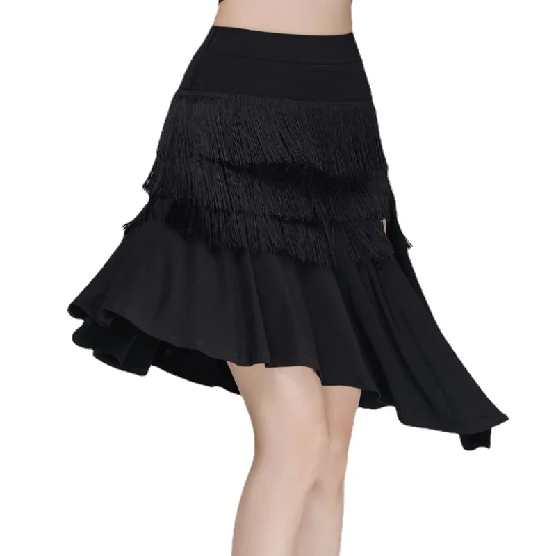 Vrouwelijke Volwassen Latin Dans Rok Meerlagige Zwarte Kwast Jurk Rumba Samba Latin Professionele Dans Training Jurk Franje Rok