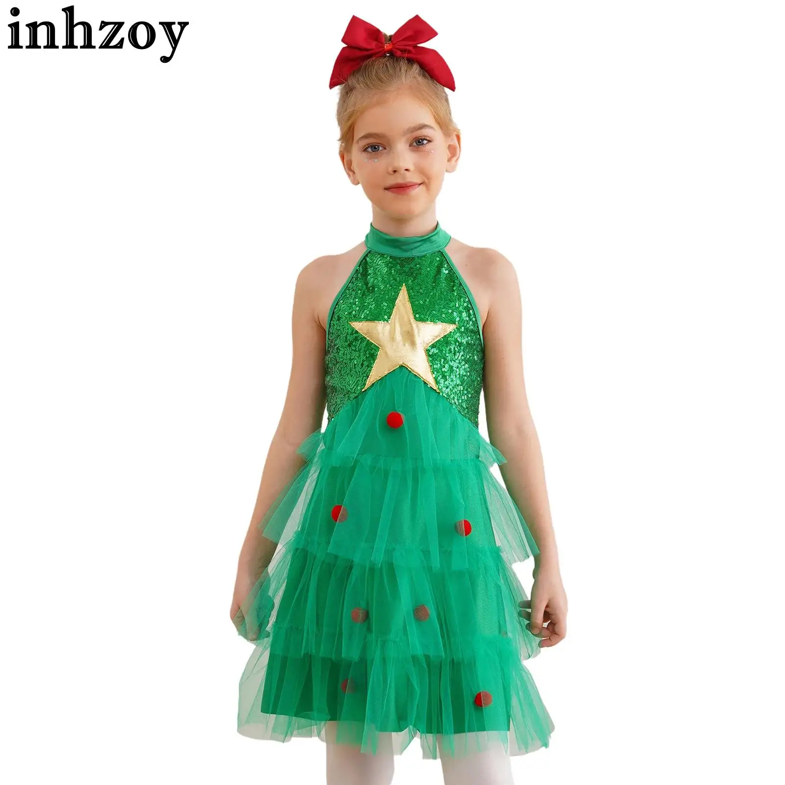 Kids Girls Christmas Tree Costume Dress Xmas Party Dance Stage Performance Sequins Pompoms Mesh Sleeveless Tiered Tutu Dress