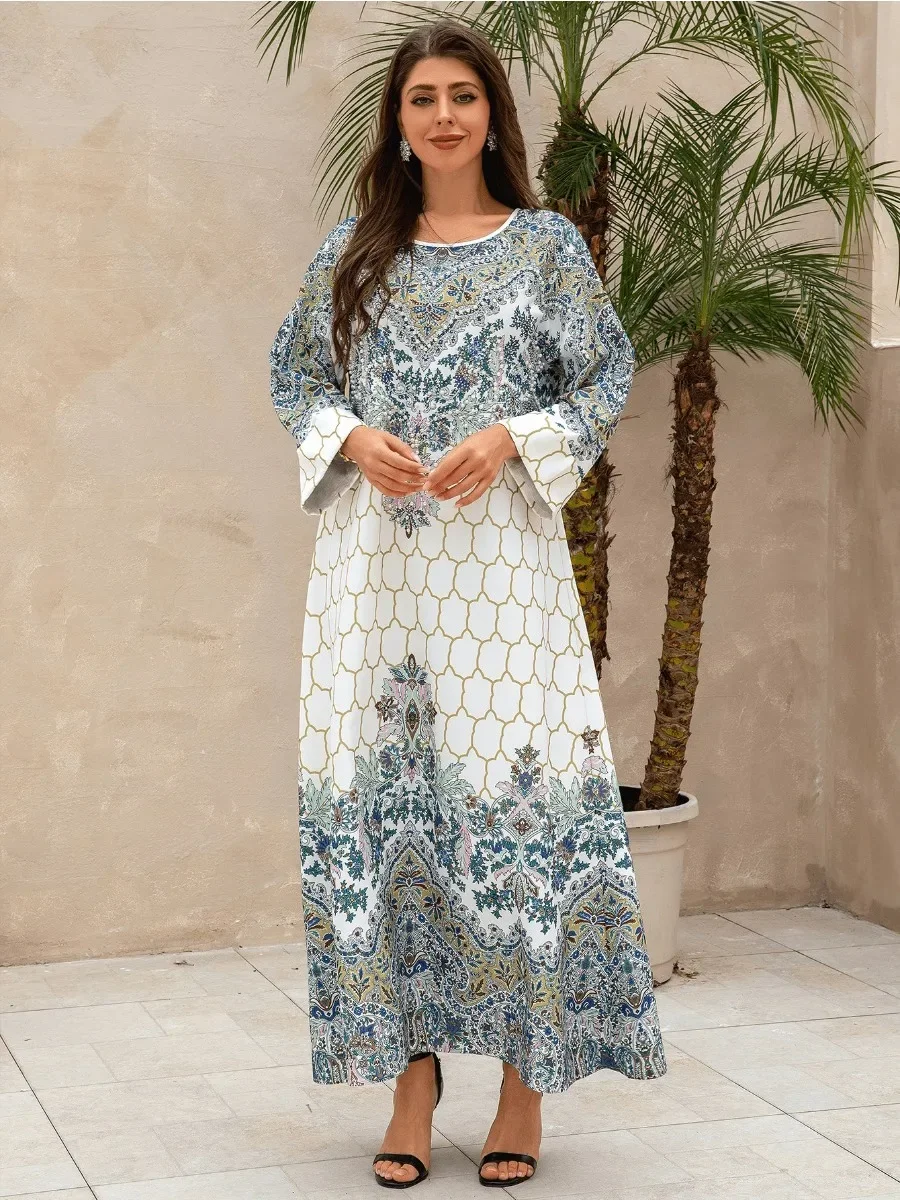 Eid Muslim Party Dress for Women Ramadan Beading Abaya Long Dress Print Morocco Kaftan Vestidos Largos Dubai Robe Jalabiya 2024